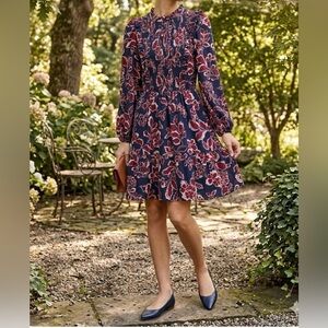 Women's Navy Floral Long-Sleeve Smocked Dress